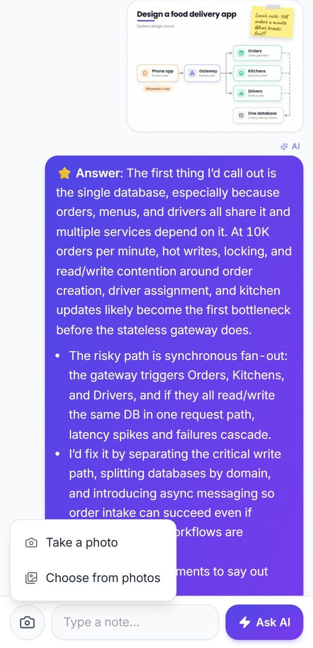 A live call on a phone: a photo of a food delivery system design diagram, the AI's suggested answer read from it, and the camera menu open on Take a photo and Choose from photos.