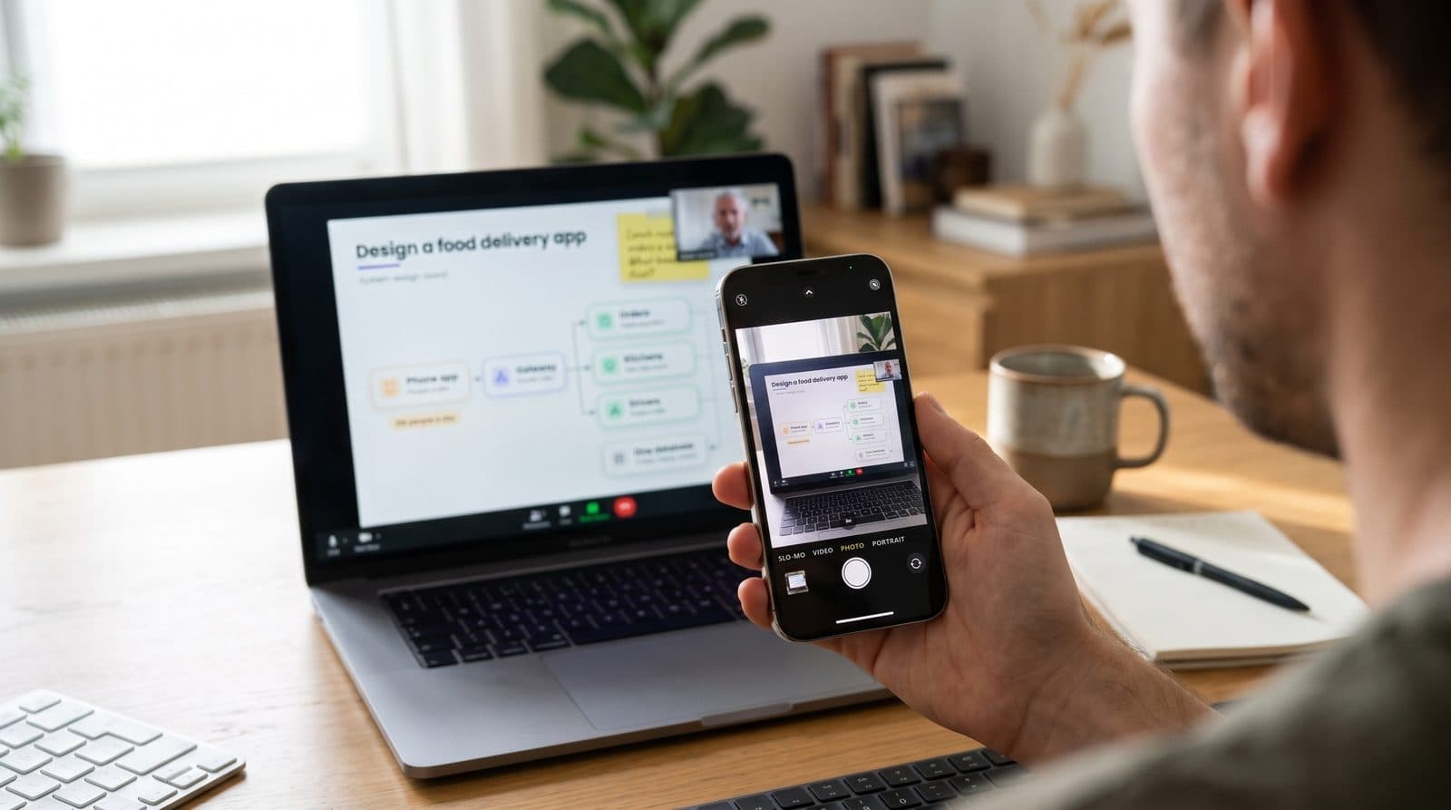 Over a person's shoulder at a home desk: their phone's camera frames the food delivery system design diagram on their laptop's video call, ready to snap it.
