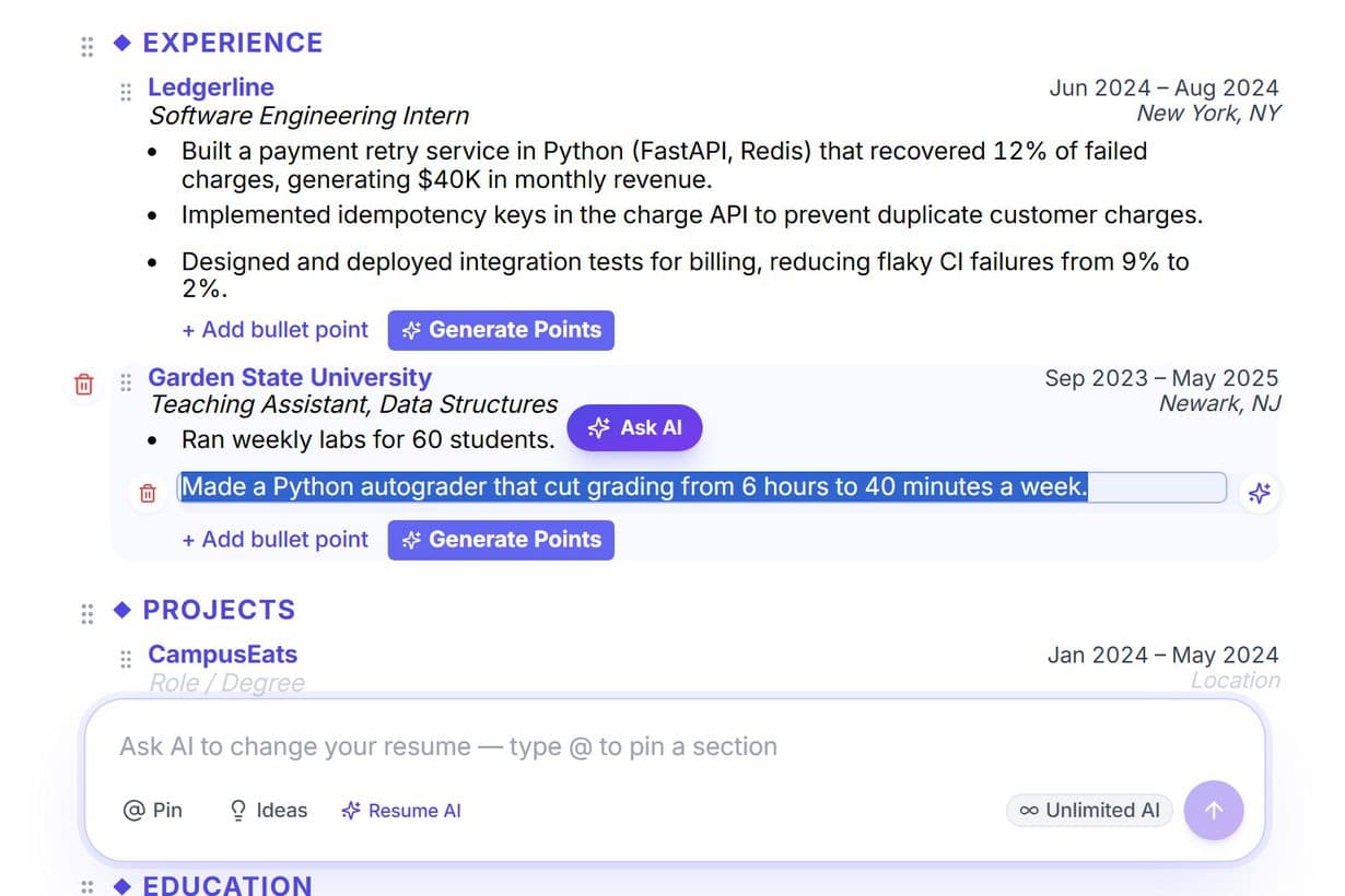 A bullet selected on the resume, with the Ask AI button above it.