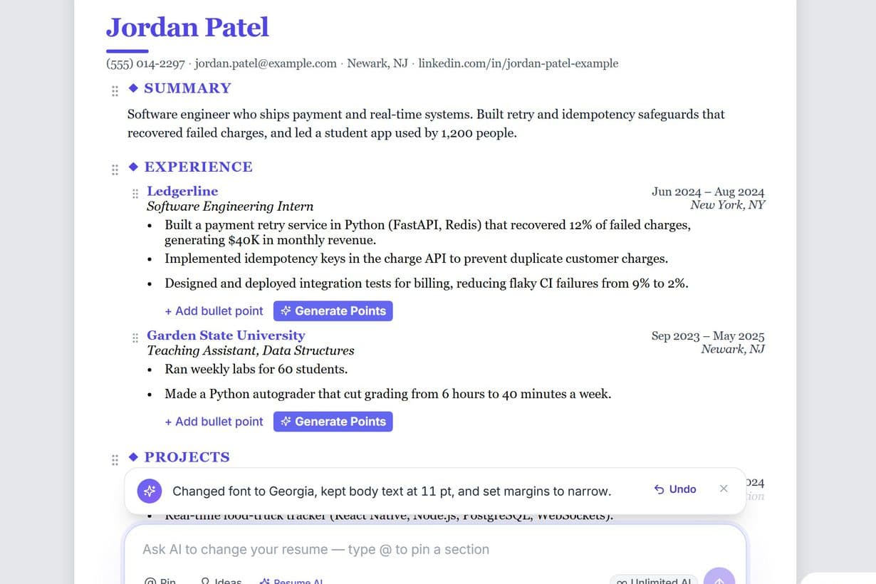 The resume redrawn in Georgia with narrow margins, and the AI's reply saying what it changed.