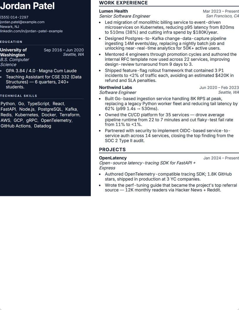 The Sidebar template, drawn by the real builder on a sample resume
