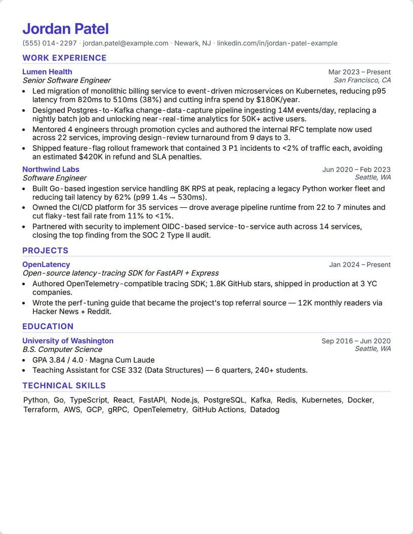 The Technical template, drawn by the real builder on a sample resume