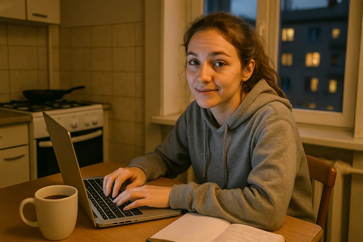 AI-generated photo of Maya, a composite character, working on a laptop at her kitchen table